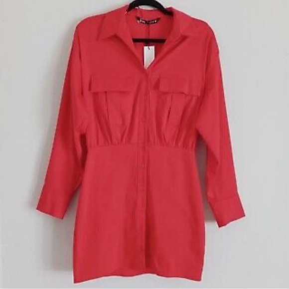 New ZARA POPLIN SHIRT RED DRESS - Picture 13 of 14